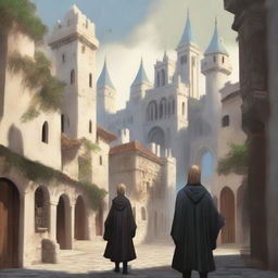 A high-quality digital art image of a young adult fantasy book cover featuring an old town on a hill with white stone buildings, narrow streets, climbing stairs, and shadowy arches