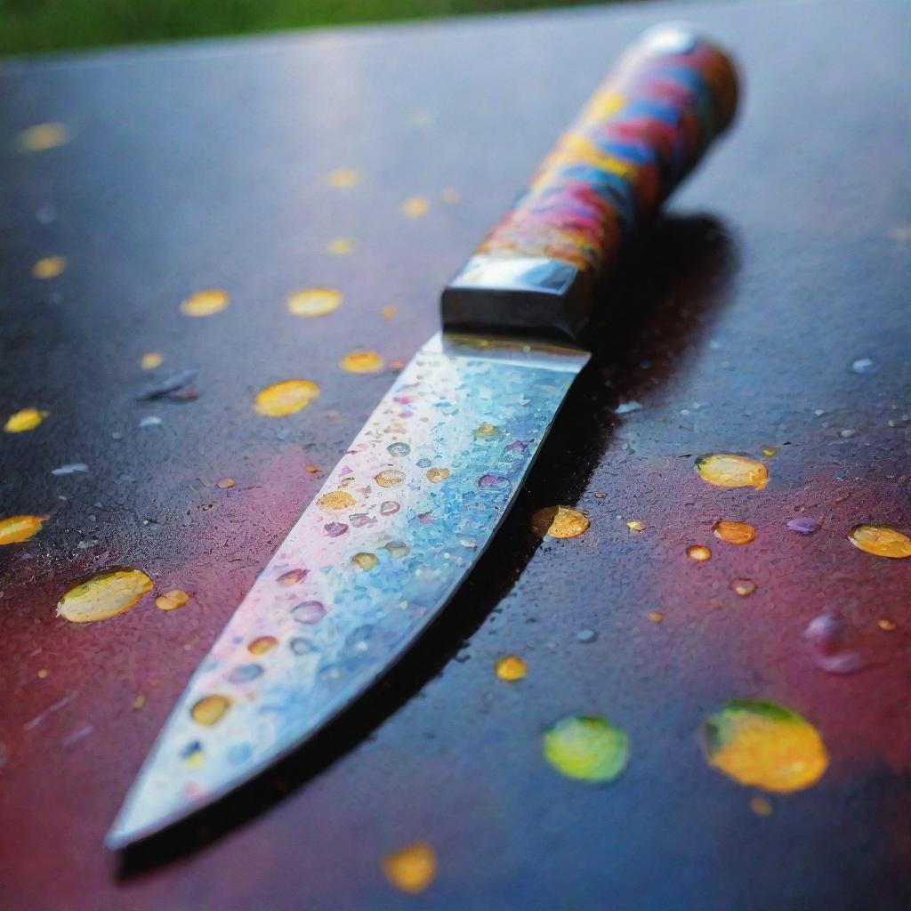 An impressionistic painting of a vibrant knife, gleaming freshly after a rain shower, with raindrops reflecting the surrounding colours.