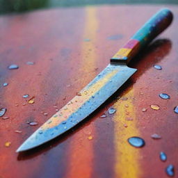 An impressionistic painting of a vibrant knife, gleaming freshly after a rain shower, with raindrops reflecting the surrounding colours.