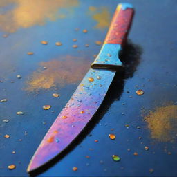 An impressionistic painting of a vibrant knife, gleaming freshly after a rain shower, with raindrops reflecting the surrounding colours.