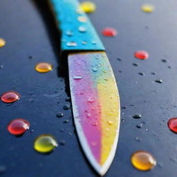 An impressionistic painting of a vibrant knife, gleaming freshly after a rain shower, with raindrops reflecting the surrounding colours.