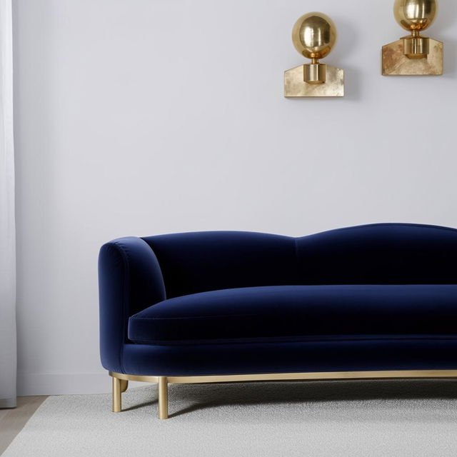 Visualize a room with crisp white walls, adorned with a navy blue velvet sofa, complemented by accents in shades of gold and brass. The room suggests a sense of luxurious minimalism.