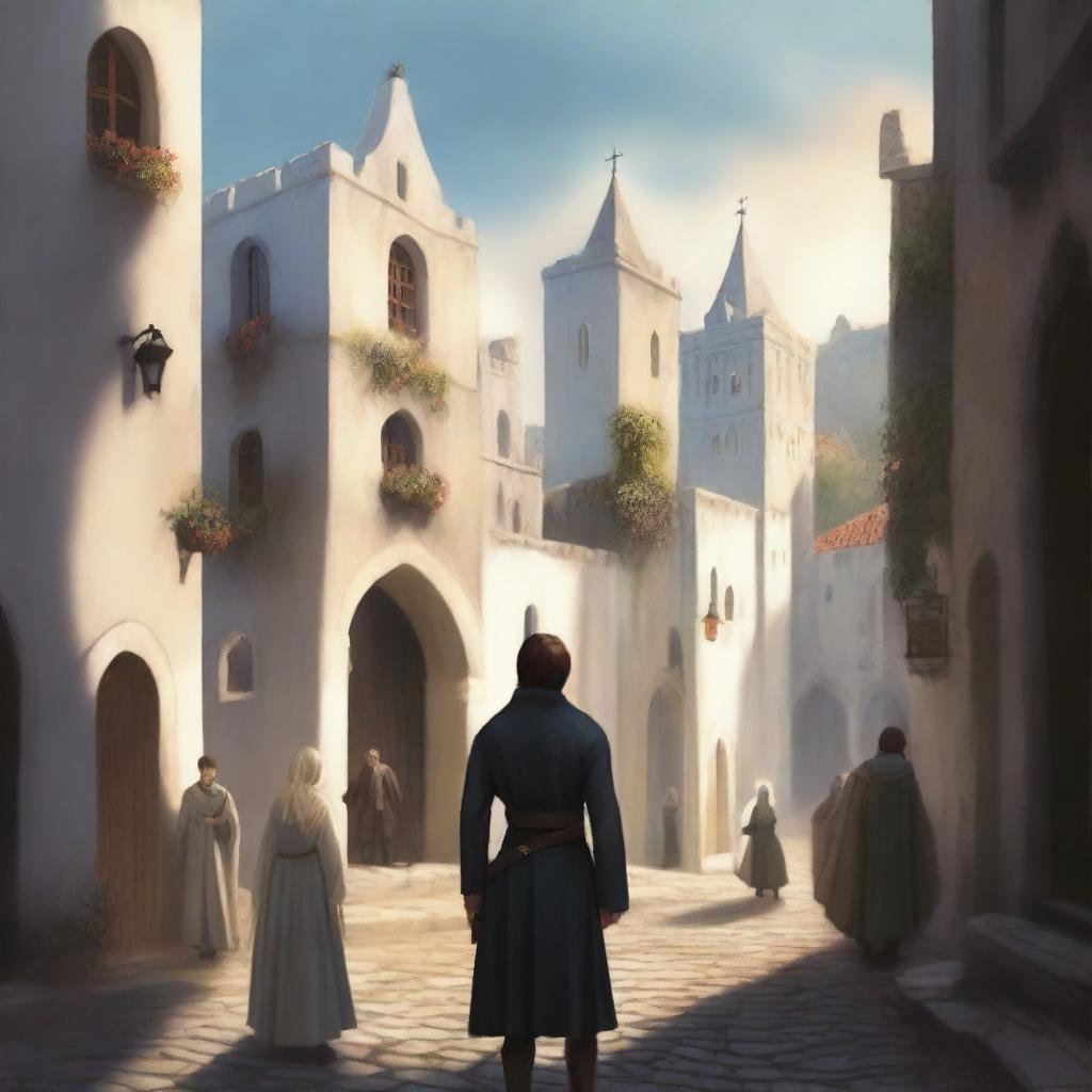 A digital art image of a young adult fantasy book cover featuring an old town on a hill with white stone buildings, narrow streets, and shadowy arches