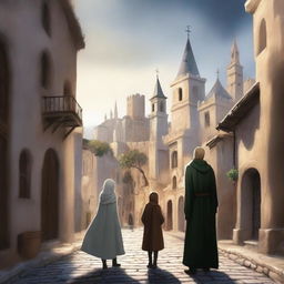 A digital art image of a young adult fantasy book cover featuring an old town on a hill with white stone buildings, narrow streets, and shadowy arches