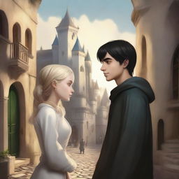 A digital art image of a young adult fantasy book cover featuring an old town on a hill with white stone buildings, narrow streets, and shadowy arches