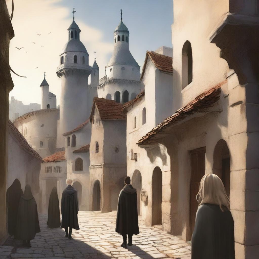 A digital art image of a young adult fantasy book cover featuring an old town on a hill with white stone buildings, narrow streets, and shadowy arches