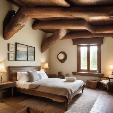 The wooden beams in the ceiling give the room a rustic and warm feel.
