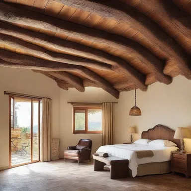 The wooden beams in the ceiling give the room a rustic and warm feel.