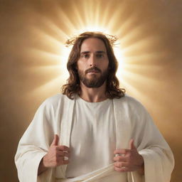 A majestic image of Jesus Christ, regally enthroned, wearing white clothes, with a radiant halo around his head. His expression is kind yet powerful, surrounded by divine, golden light.