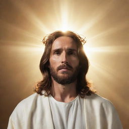 A majestic image of Jesus Christ, regally enthroned, wearing white clothes, with a radiant halo around his head. His expression is kind yet powerful, surrounded by divine, golden light.