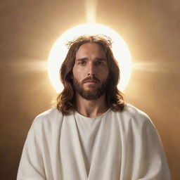 A majestic image of Jesus Christ, regally enthroned, wearing white clothes, with a radiant halo around his head. His expression is kind yet powerful, surrounded by divine, golden light.