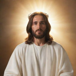 A majestic image of Jesus Christ, regally enthroned, wearing white clothes, with a radiant halo around his head. His expression is kind yet powerful, surrounded by divine, golden light.