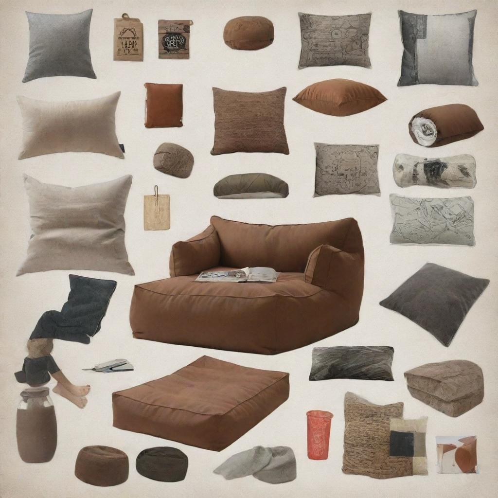 A mood board displaying the essence of relaxed teenage youth. This includes contemporary furniture and decor rendering a chill atmosphere with bean bags. Feature a rolling tray, grinder, stickers, tote bags to represent the mood correctly.