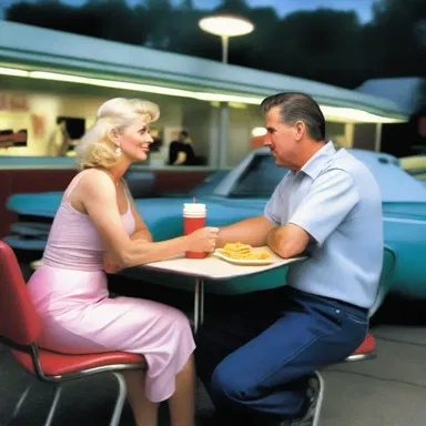 Linda and Mark had a romantic dinner at the drive-in restaurant, where a carhop served them their delicious meal.
