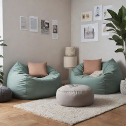 Create a mood board encapsulating teenage relaxation in a trendy space. Include modern furniture and decor promoting a relaxed, non-smoking atmosphere with bean bags. Add accessories such as a multifunctional tray, sticker collections, and tote bags.