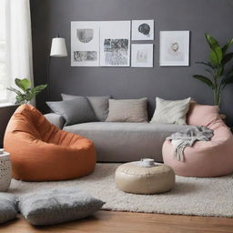 Create a mood board encapsulating teenage relaxation in a trendy space. Include modern furniture and decor promoting a relaxed, non-smoking atmosphere with bean bags. Add accessories such as a multifunctional tray, sticker collections, and tote bags.