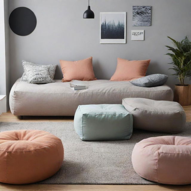 Create a mood board encapsulating teenage relaxation in a trendy space. Include modern furniture and decor promoting a relaxed, non-smoking atmosphere with bean bags. Add accessories such as a multifunctional tray, sticker collections, and tote bags.