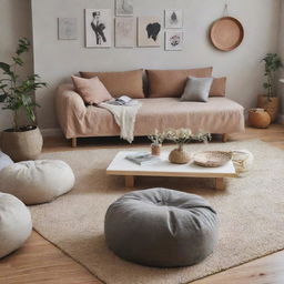 Create a mood board encapsulating teenage relaxation in a trendy space. Include modern furniture and decor promoting a relaxed, non-smoking atmosphere with bean bags. Add accessories such as a multifunctional tray, sticker collections, and tote bags.