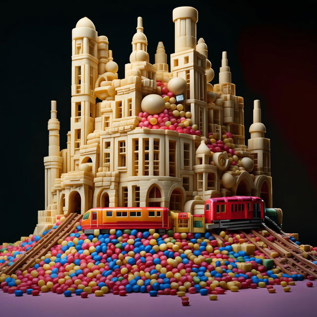 An intricate train station structure completely built from a myriad of colorful jellybeans.