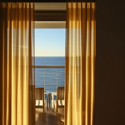 An inviting architectural scene, view from indoors through glass doors veiled by a soft curtain, revealing a balcony with an ocean view and two sun-drenched chairs.