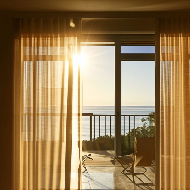 An inviting architectural scene, view from indoors through glass doors veiled by a soft curtain, revealing a balcony with an ocean view and two sun-drenched chairs.