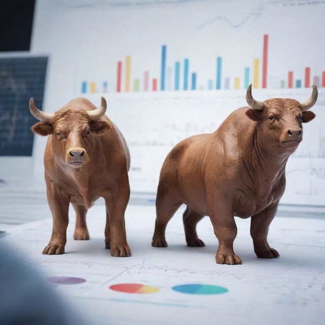 Generate a thumbnail featuring a bull and bear, symbolizing the stock market, with line graphs and pie charts in the background.