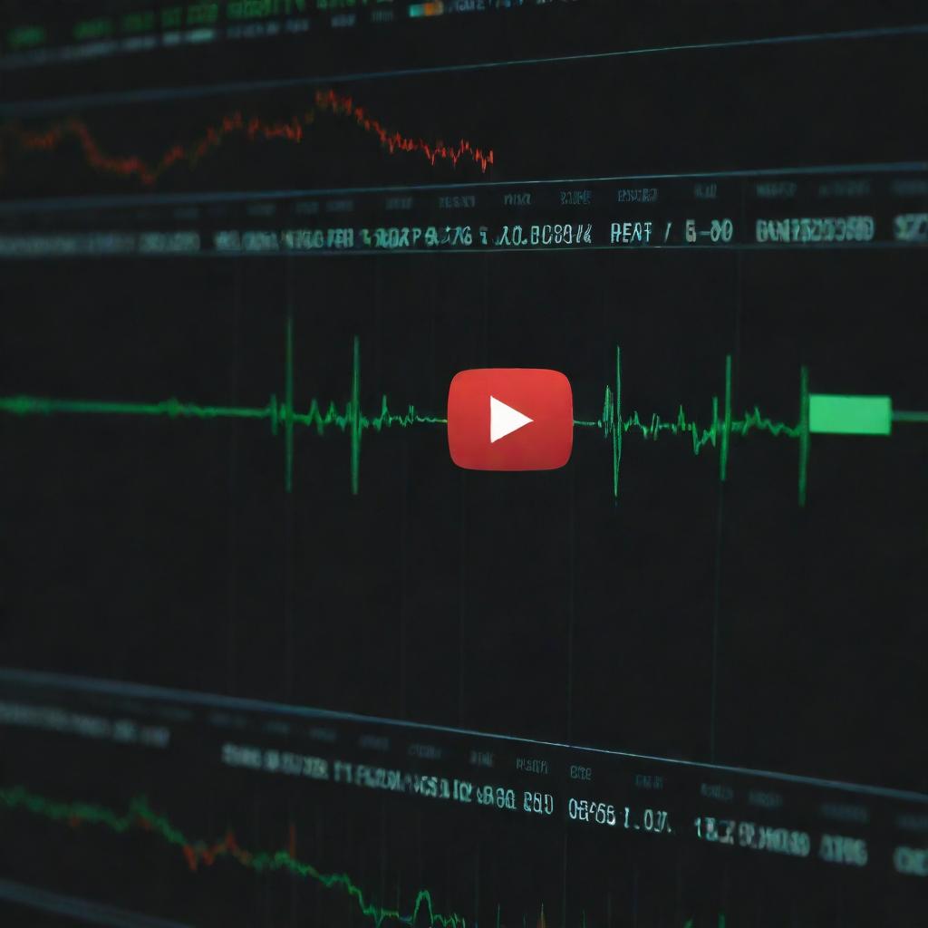 Generate a dynamic YouTube thumbnail featuring a LED stock market ticker, green and red arrows indicating market fluctuations, and a play button icon.