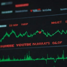 Generate a dynamic YouTube thumbnail featuring a LED stock market ticker, green and red arrows indicating market fluctuations, and a play button icon.