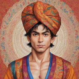 A rendition of Goku, the iconic character from Dragon Ball, dressed in traditional Indian attire with a turban, showcasing the vibrant colors and intricate patterns ubiquitous in Indian traditional wear.