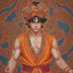 A rendition of Goku, the iconic character from Dragon Ball, dressed in traditional Indian attire with a turban, showcasing the vibrant colors and intricate patterns ubiquitous in Indian traditional wear.