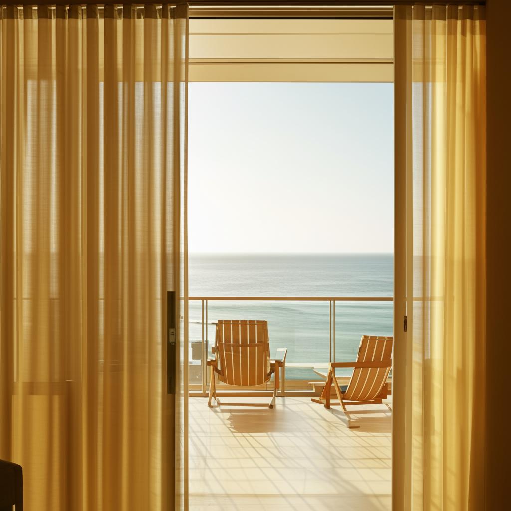 An inviting architectural scene, view from indoors through glass doors veiled by a soft curtain, revealing a balcony with an ocean view and two sun-drenched chairs.