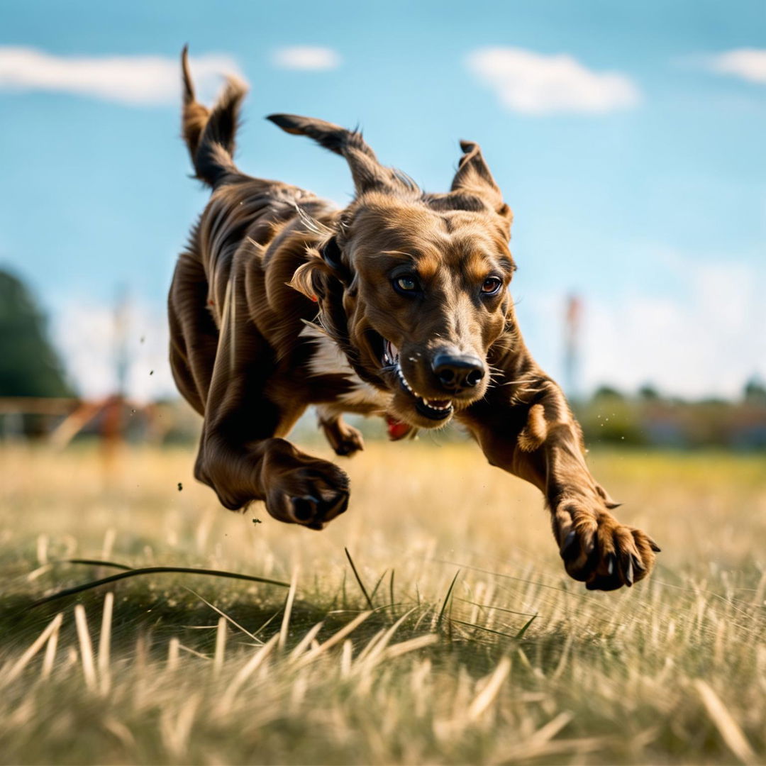 Generate an image of the world's fastest dog in mid-sprint, displaying its top speed. The setting is a sunny day with a grassy field background