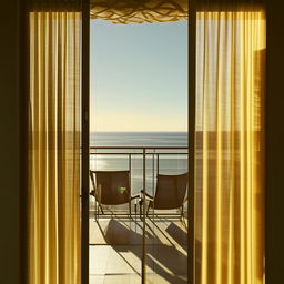 An inviting architectural scene, view from indoors through glass doors veiled by a soft curtain, revealing a balcony with an ocean view and two sun-drenched chairs.