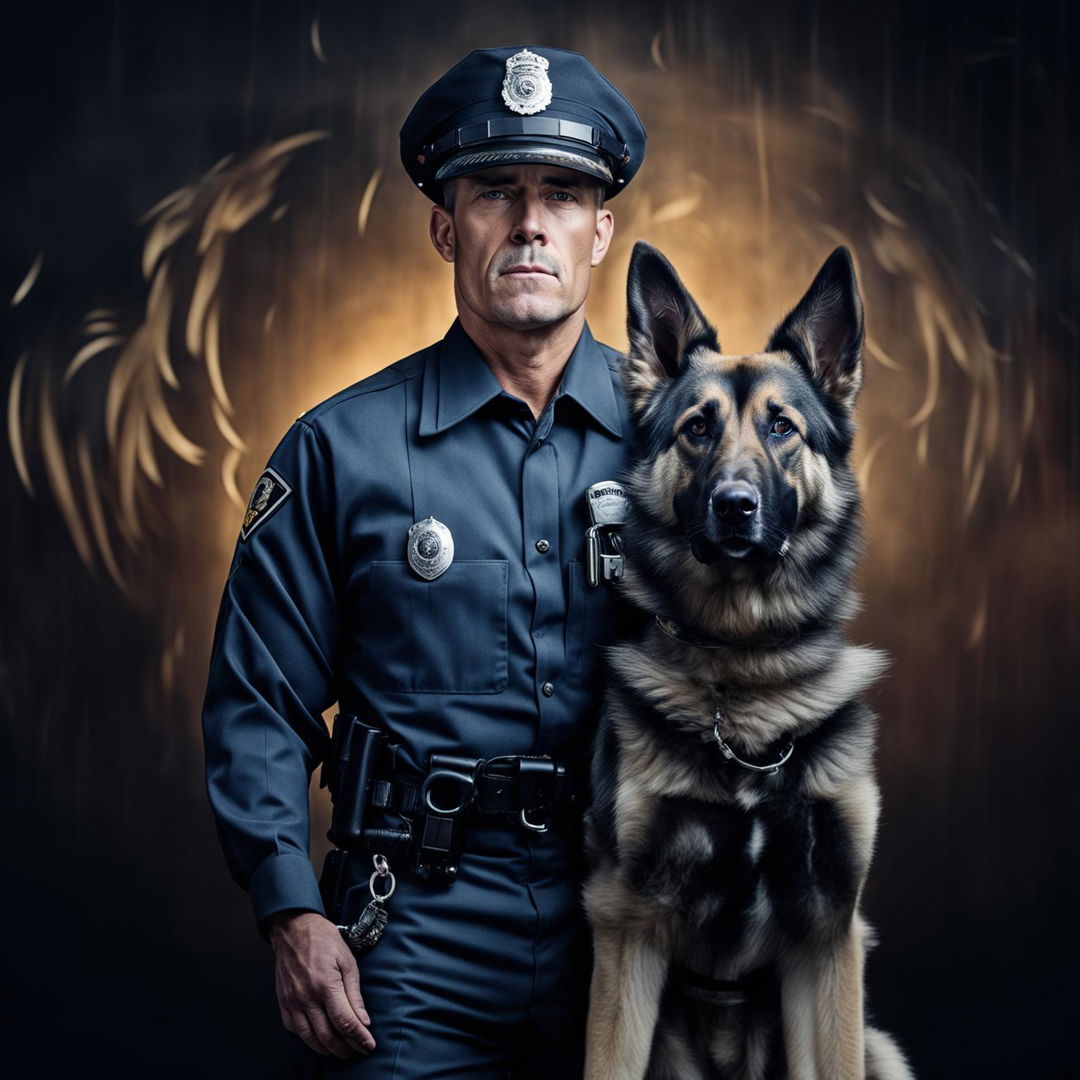 A dedicated police officer posing proudly with his loyal working dog, both are ready for their duty, set against a strong, authoritative backdrop suitable for an organization's advertising.