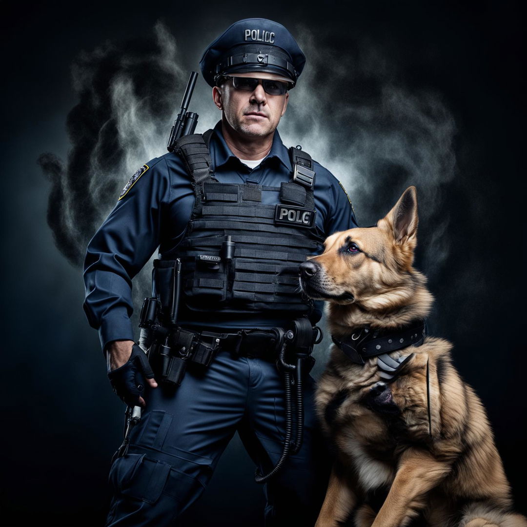 The same police officer and his working dog, now adorned in their tactical gear, striking an impressive pose for an organization's advertising, set against an authoritative backdrop.