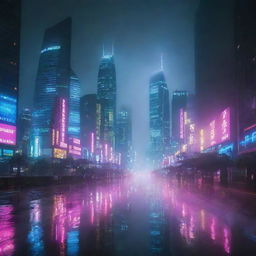 A futuristic city at night illuminated by neon lights with tall skyscrapers brushed by a misty fog, showcasing a clash between dark night sky and vibrant cityscape lights. The streets are rainy, glistening with the reflection of the luminous neon.