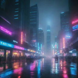 A futuristic city at night illuminated by neon lights with tall skyscrapers brushed by a misty fog, showcasing a clash between dark night sky and vibrant cityscape lights. The streets are rainy, glistening with the reflection of the luminous neon.