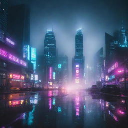 A futuristic city at night illuminated by neon lights with tall skyscrapers brushed by a misty fog, showcasing a clash between dark night sky and vibrant cityscape lights. The streets are rainy, glistening with the reflection of the luminous neon.