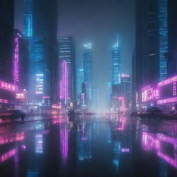 A futuristic city at night illuminated by neon lights with tall skyscrapers brushed by a misty fog, showcasing a clash between dark night sky and vibrant cityscape lights. The streets are rainy, glistening with the reflection of the luminous neon.