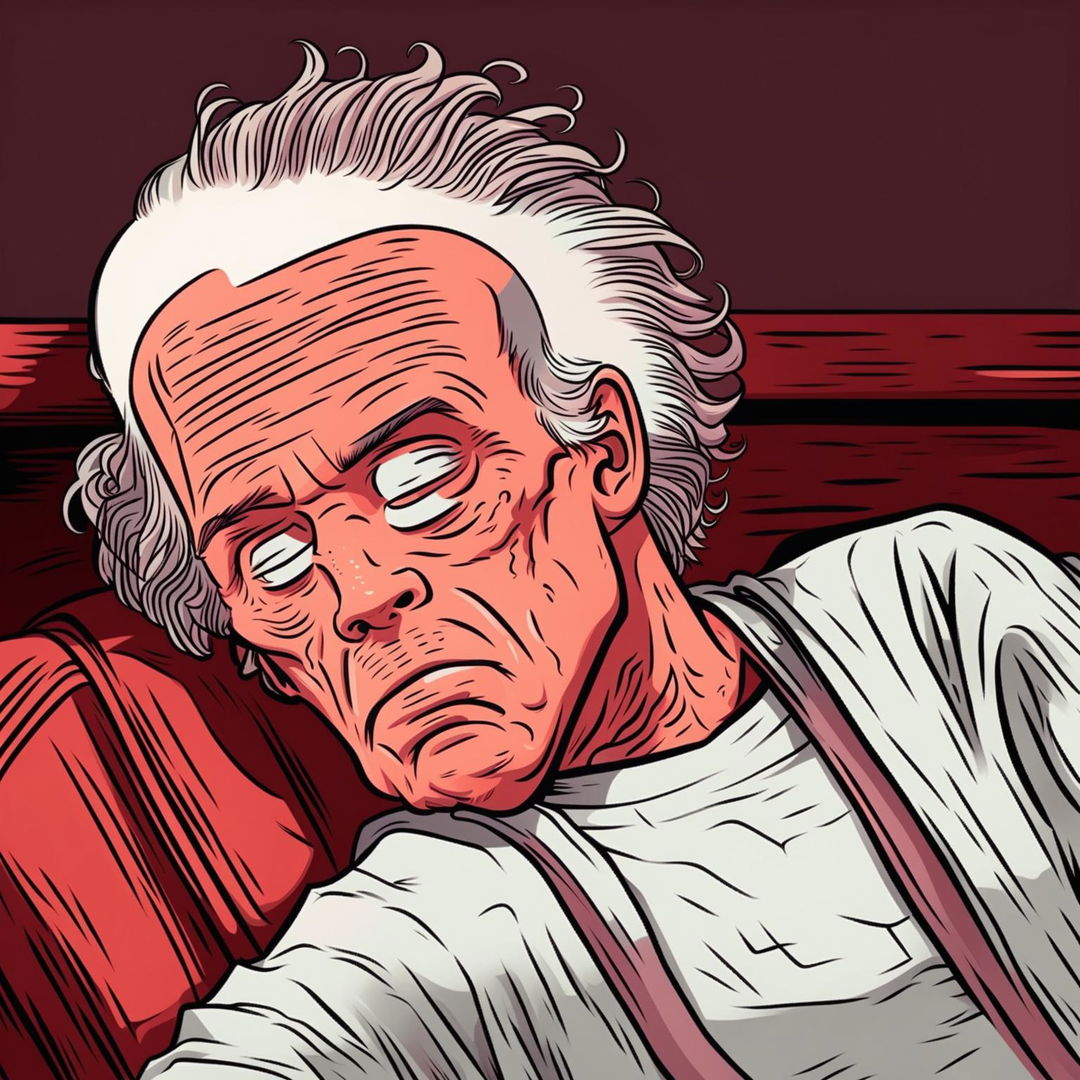 Generate an image of a centenarian, hair-loss prone Joe Biden character, appearing completely asleep, drawn in the distinctive style of the Rick and Morty cartoon.