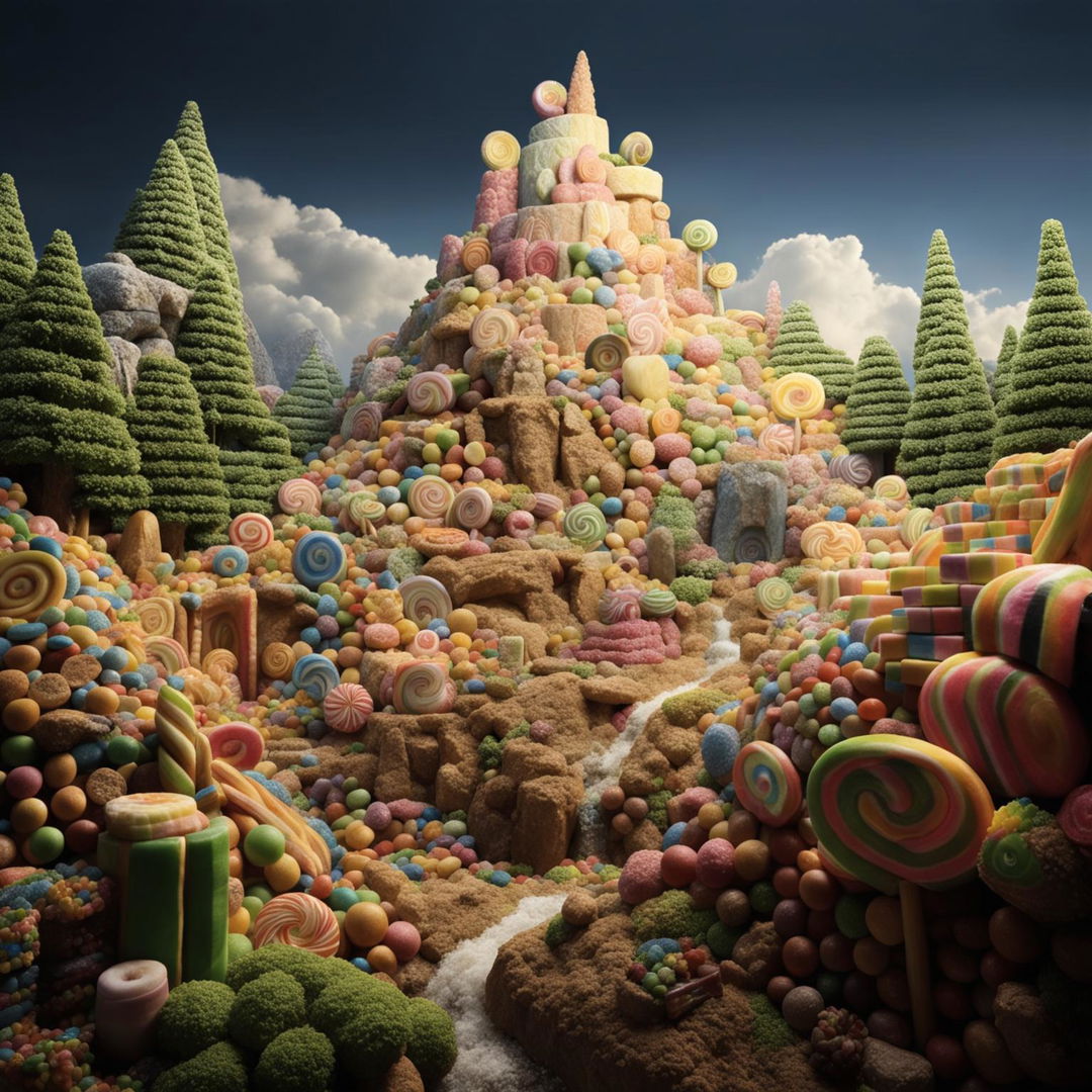 An intriguing mountain in the heart of a verdant forest, comprised entirely of various types of candy