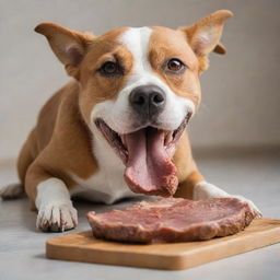 A healthy, playful dog joyfully feasting on a large piece of juicy meat.