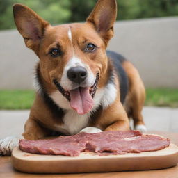 A healthy, playful dog joyfully feasting on a large piece of juicy meat.