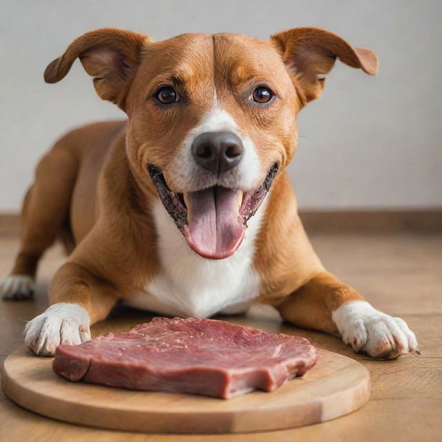 A healthy, playful dog joyfully feasting on a large piece of juicy meat.