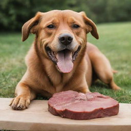 A healthy, playful dog joyfully feasting on a large piece of juicy meat.