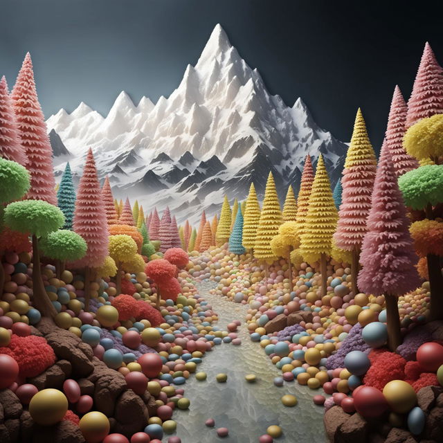 Ultra realistic high-definition image depicting a lively forest scene with a towering mountain entirely made of colorful candies