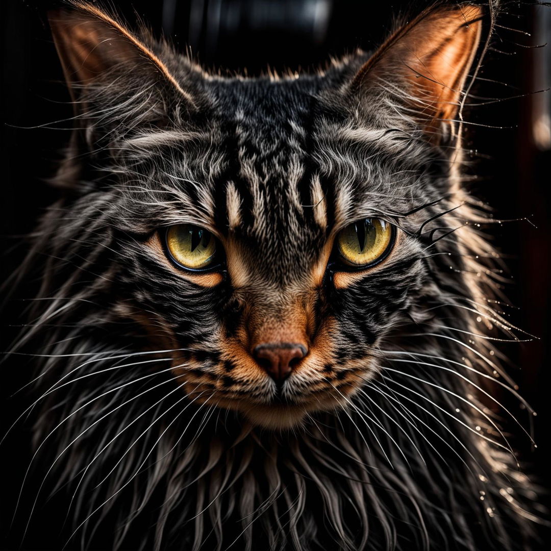 Change the previous prompt to create an ultra-high definition portrait of a Maine Coon cat, maintaining the intricate detail, compositional beauty, and striking eyes with a cinematic, raw photography aesthetic.