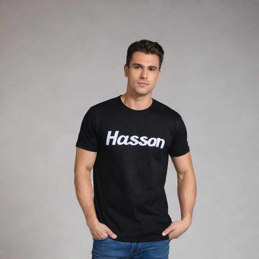 A sleek black t-shirt with the name 'Hassan' prominently displayed in white lettering.