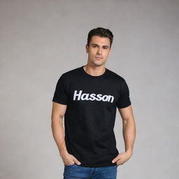 A sleek black t-shirt with the name 'Hassan' prominently displayed in white lettering.