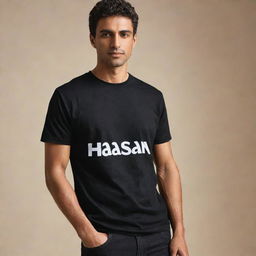 A sleek black t-shirt with the name 'Hassan' prominently displayed in white lettering.